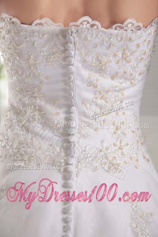 Wonderful Appliques Strapless Chapel Train White Wedding Dress