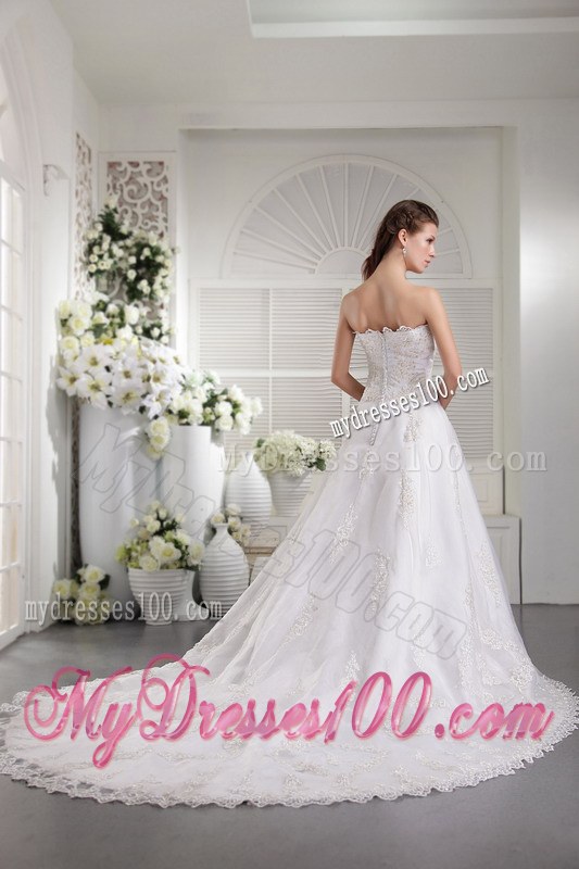 Wonderful Appliques Strapless Chapel Train White Wedding Dress