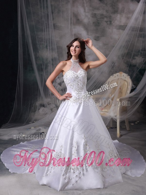 Popular High Neck Chapel Train Appliques A-line White Wedding Dress