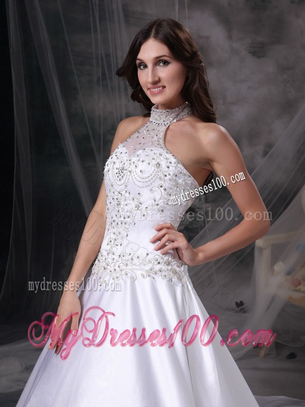 Popular High Neck Chapel Train Appliques A-line White Wedding Dress