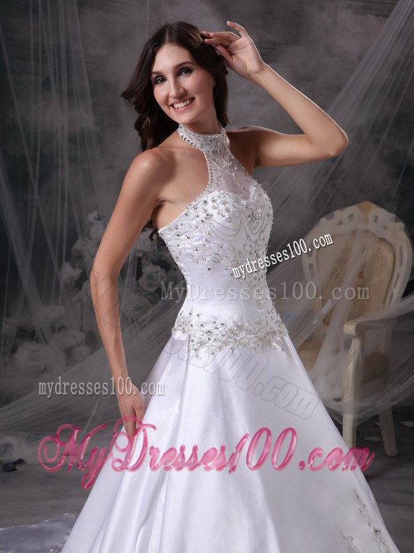Popular High Neck Chapel Train Appliques A-line White Wedding Dress