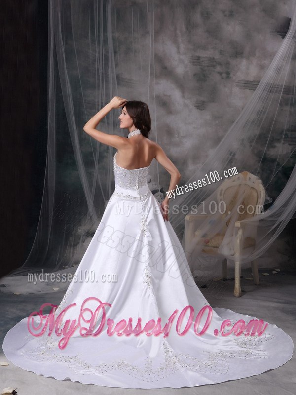 Popular High Neck Chapel Train Appliques A-line White Wedding Dress