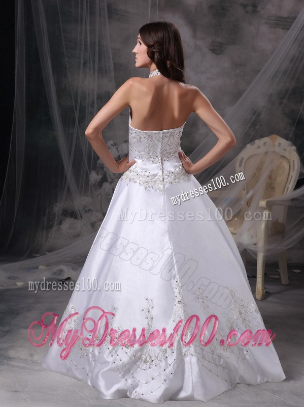 Popular High Neck Chapel Train Appliques A-line White Wedding Dress
