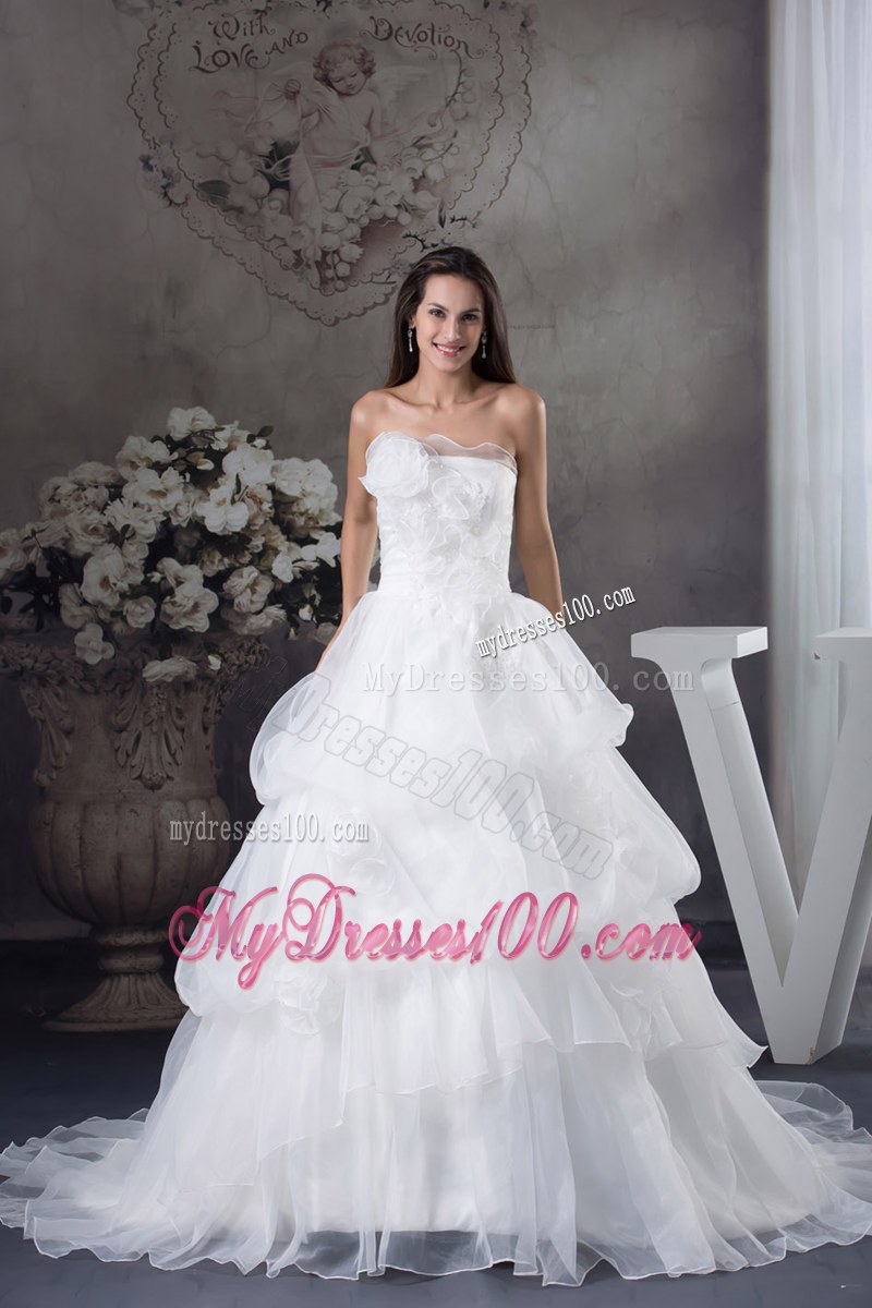 Tiers and Pick-ups Bridal Gown with Court Train and Hand Made Flowers