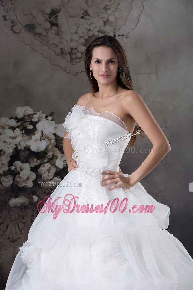 Tiers and Pick-ups Bridal Gown with Court Train and Hand Made Flowers