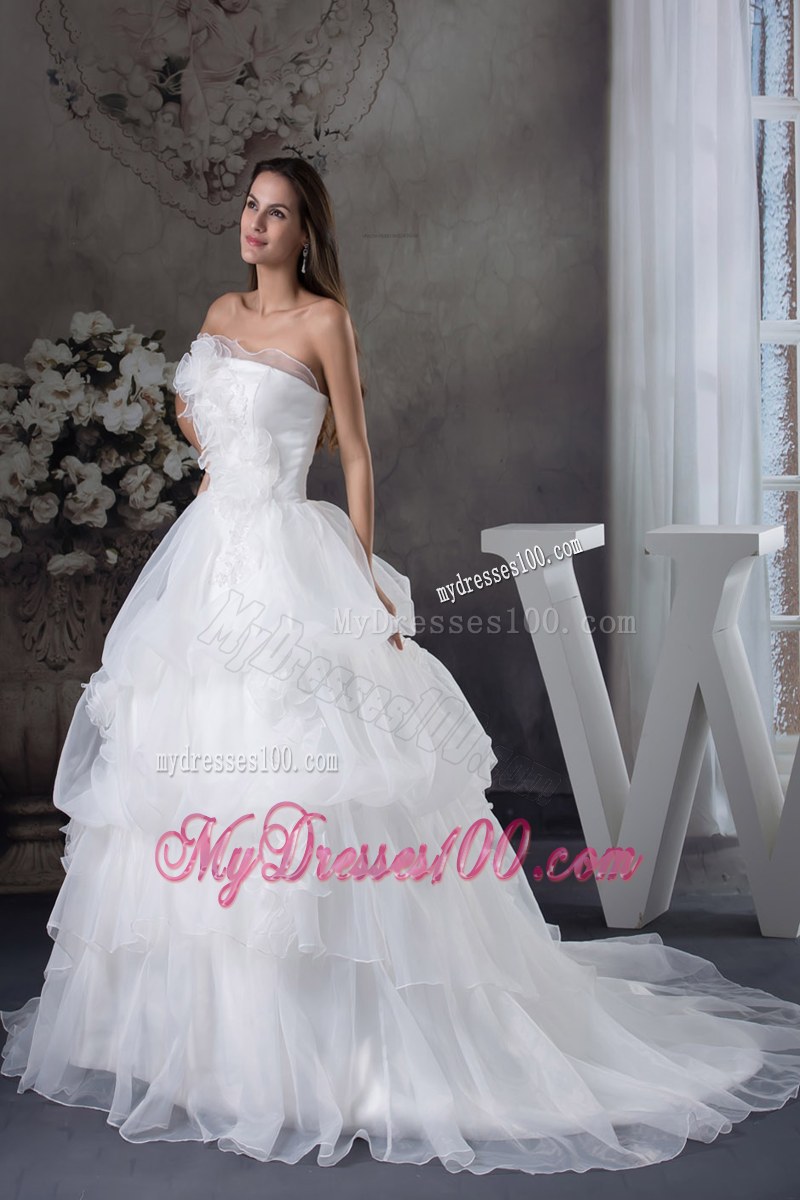 Tiers and Pick-ups Bridal Gown with Court Train and Hand Made Flowers
