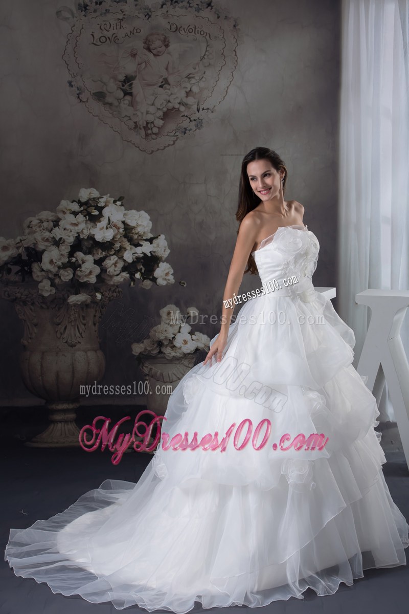 Tiers and Pick-ups Bridal Gown with Court Train and Hand Made Flowers