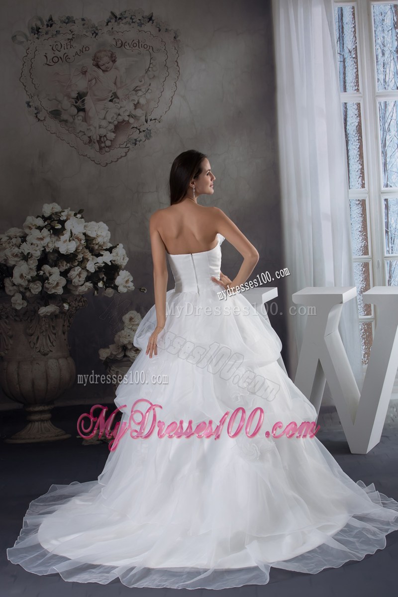Tiers and Pick-ups Bridal Gown with Court Train and Hand Made Flowers