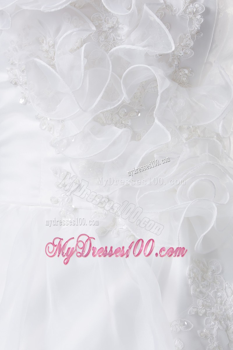Tiers and Pick-ups Bridal Gown with Court Train and Hand Made Flowers