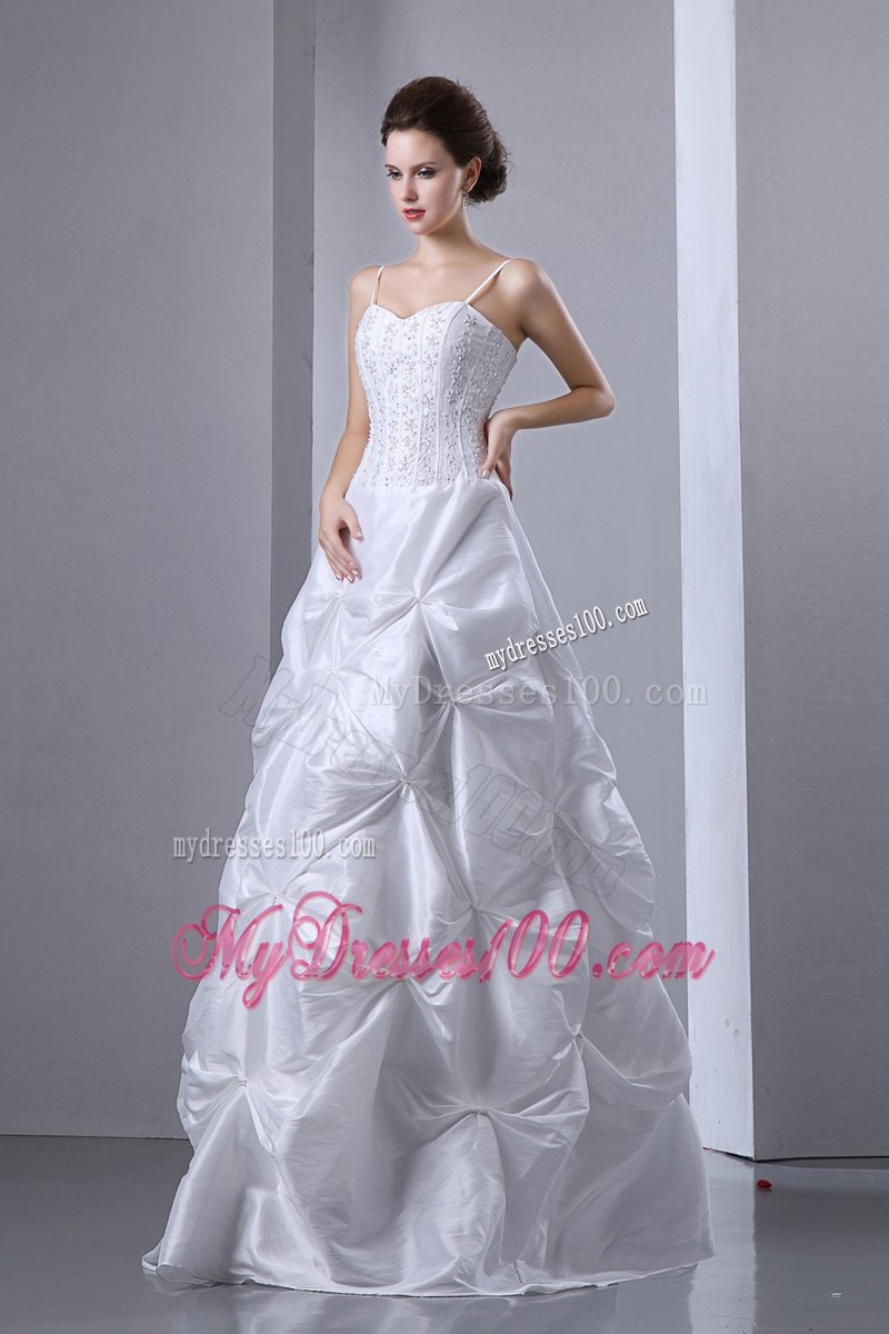 Pick-ups White Wedding Dress with Appliques Spaghetti Straps