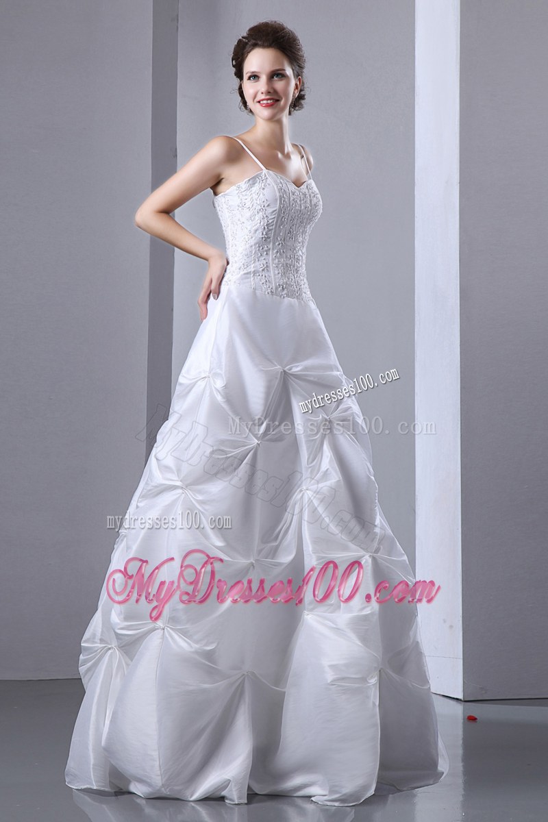 Pick-ups White Wedding Dress with Appliques Spaghetti Straps