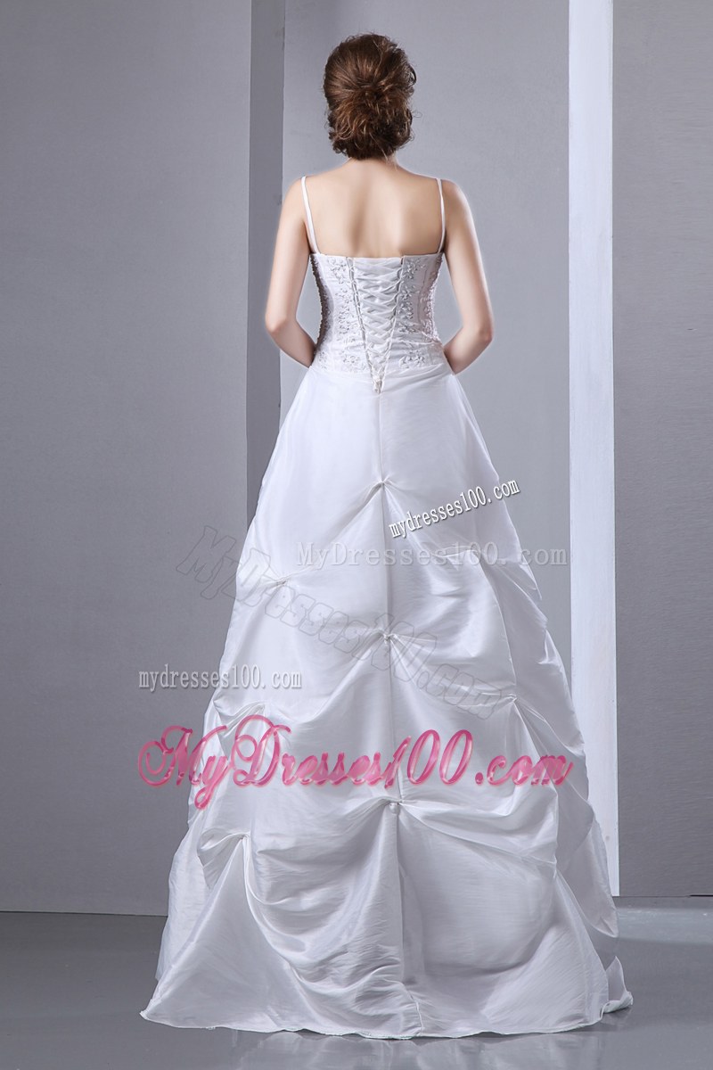 Pick-ups White Wedding Dress with Appliques Spaghetti Straps