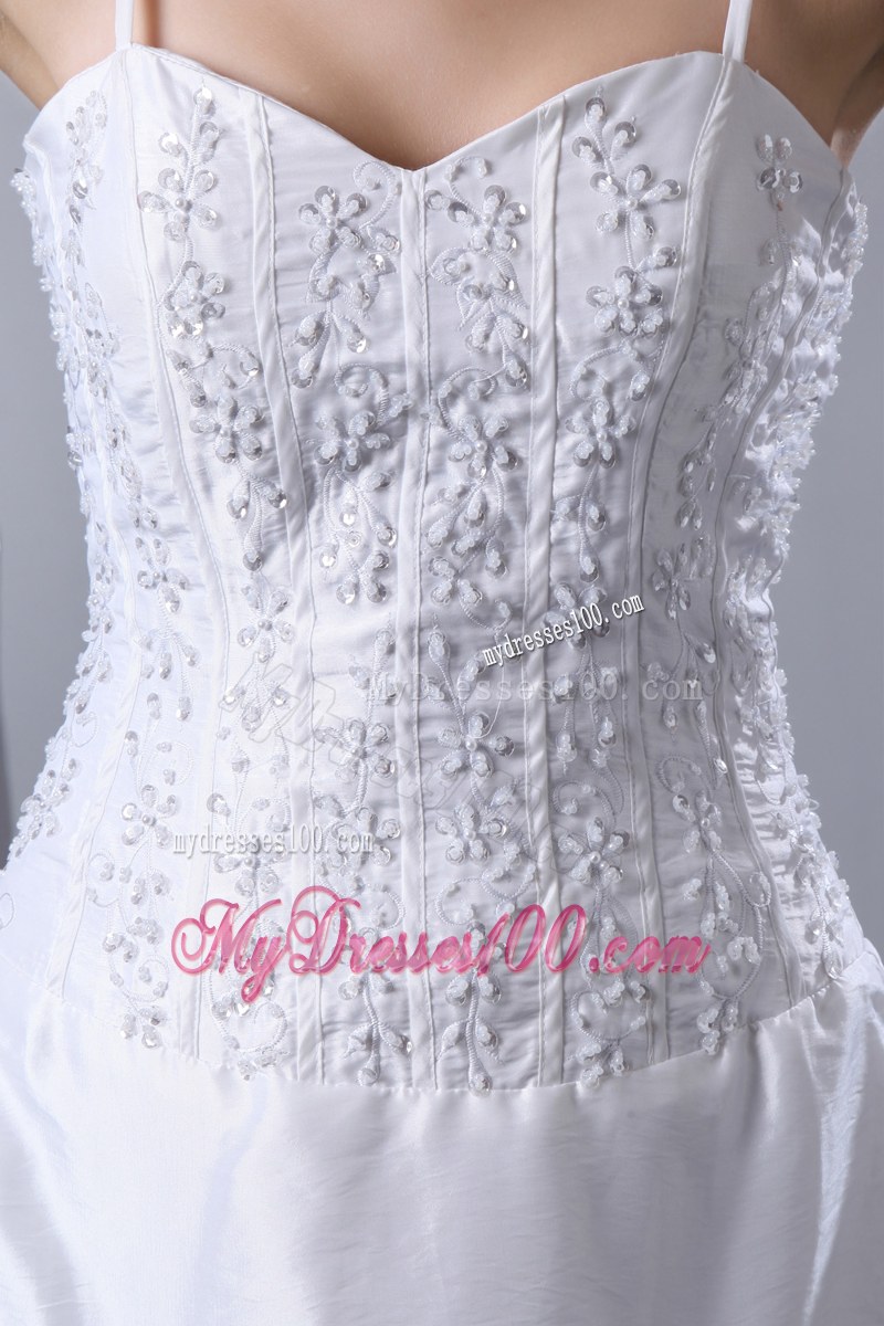 Pick-ups White Wedding Dress with Appliques Spaghetti Straps