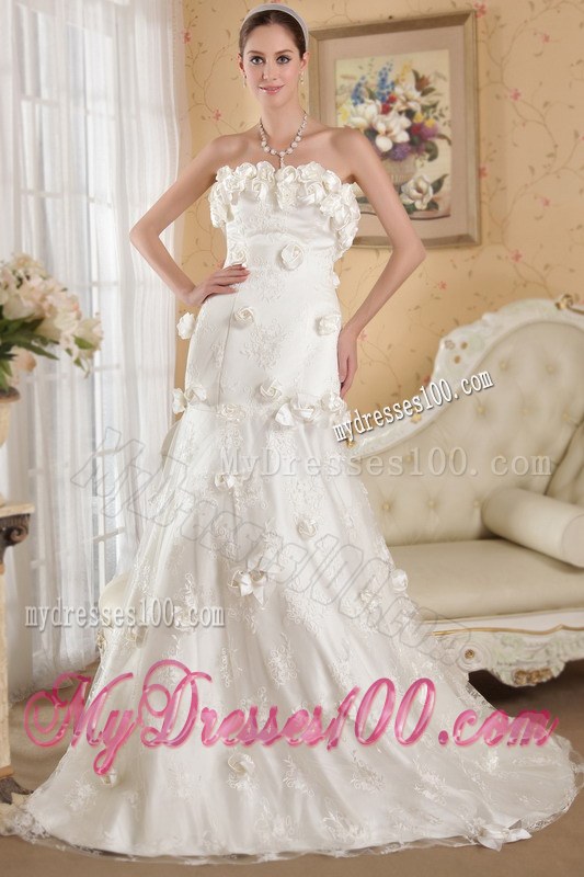 Impressive Strapless Handmade Flowers Chapel Train Lace-up Back