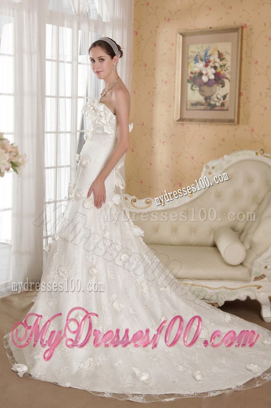 Impressive Strapless Handmade Flowers Chapel Train Lace-up Back