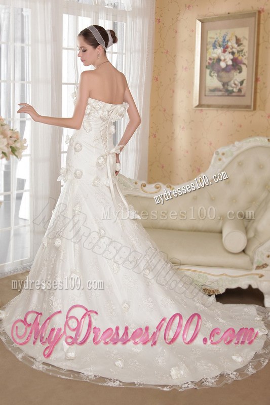 Impressive Strapless Handmade Flowers Chapel Train Lace-up Back