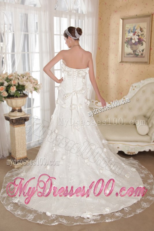 Impressive Strapless Handmade Flowers Chapel Train Lace-up Back