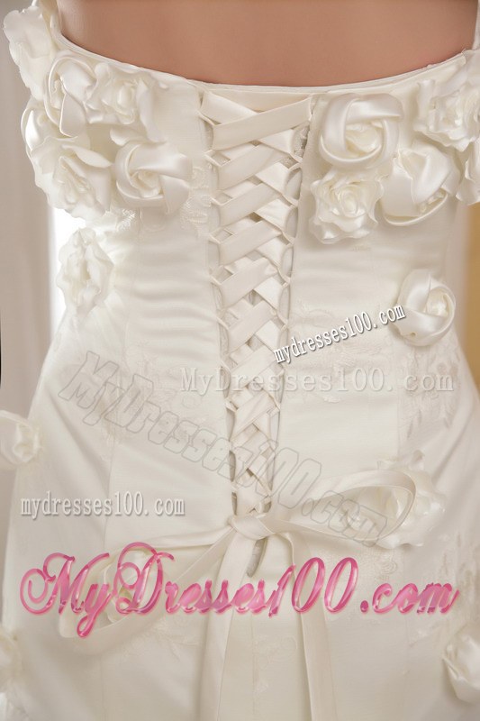 Impressive Strapless Handmade Flowers Chapel Train Lace-up Back