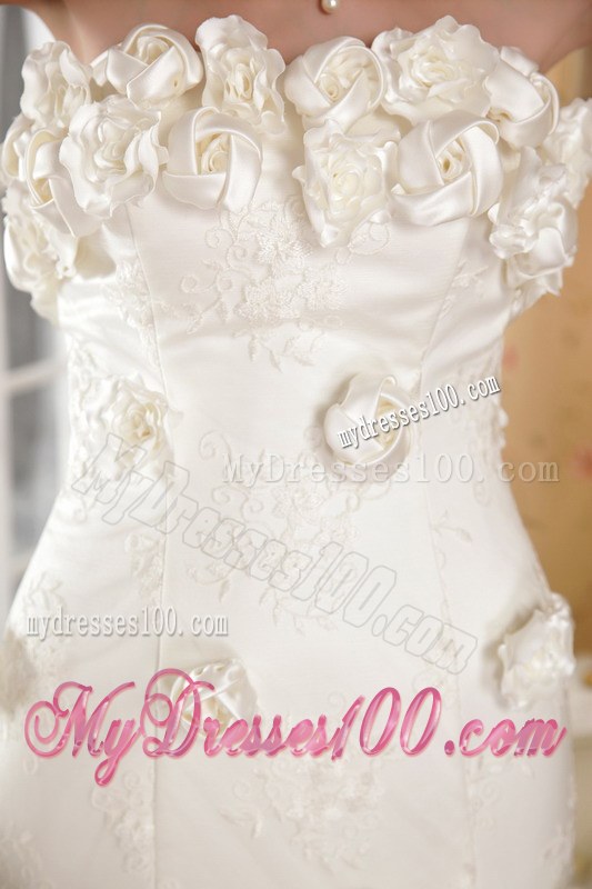 Impressive Strapless Handmade Flowers Chapel Train Lace-up Back