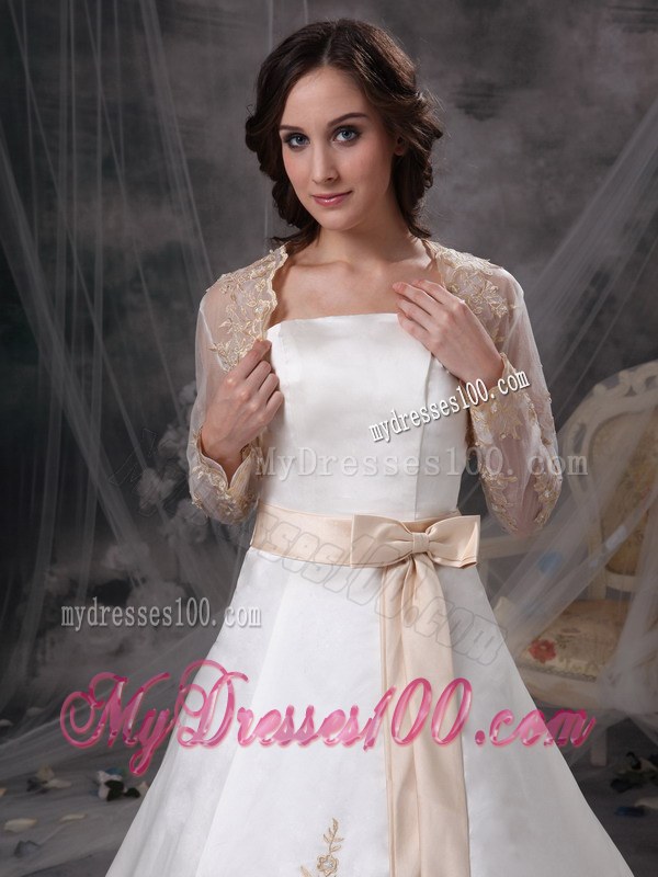 Ivory Bowknot Ribbon Ball Gown Wedding Dress with Gold Appliques