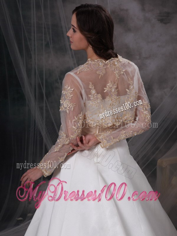 Ivory Bowknot Ribbon Ball Gown Wedding Dress with Gold Appliques