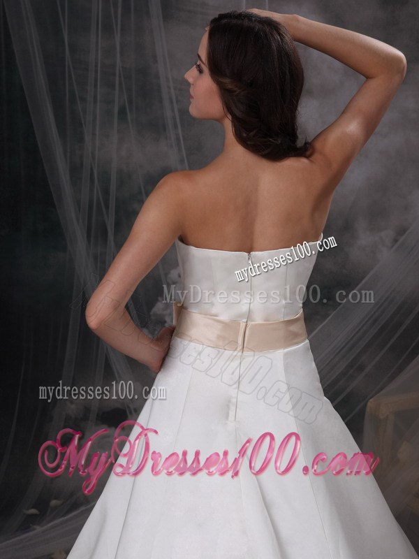 Ivory Bowknot Ribbon Ball Gown Wedding Dress with Gold Appliques