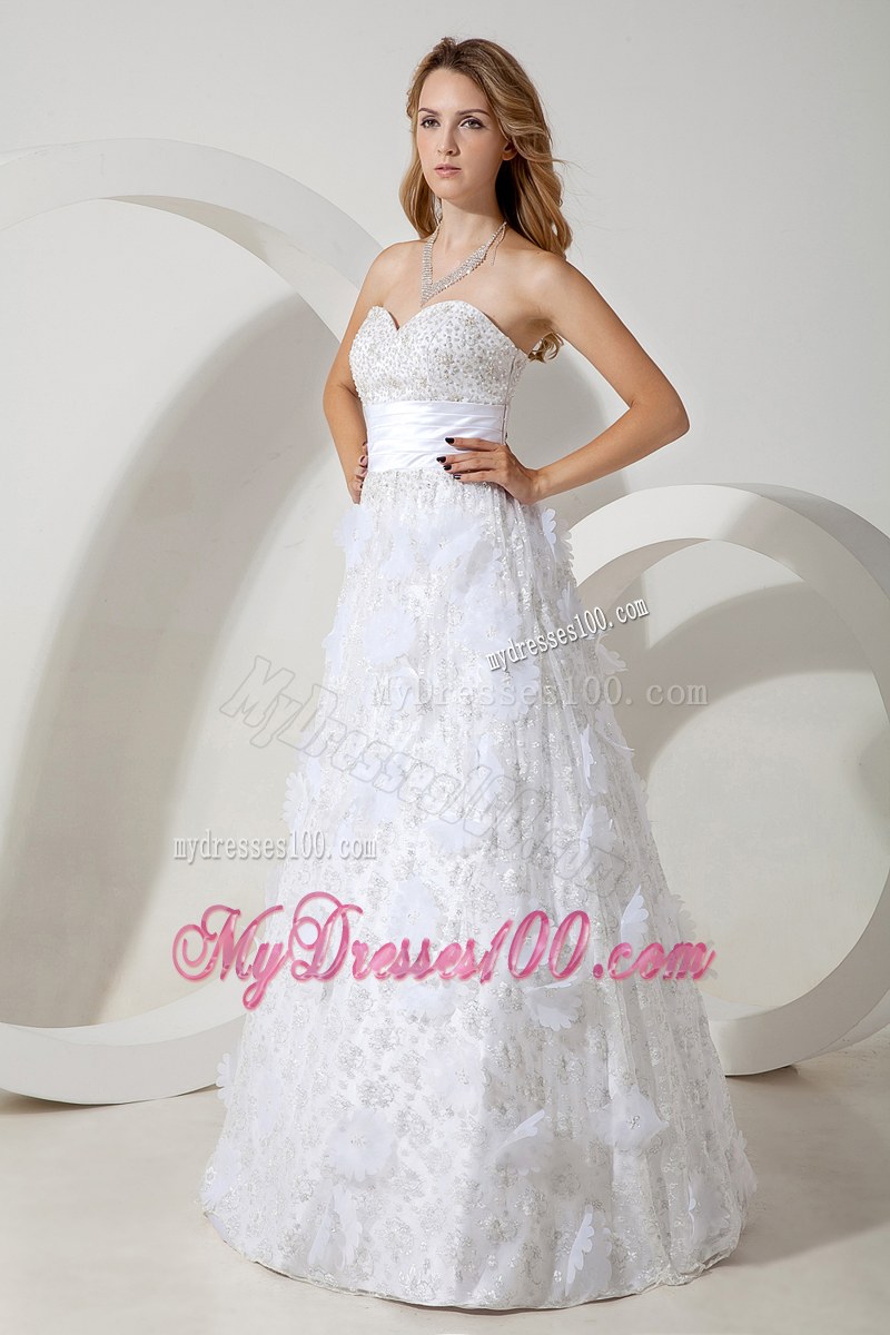 Beautiful Floor Length Flower Decoration Lace White Bridal Dress