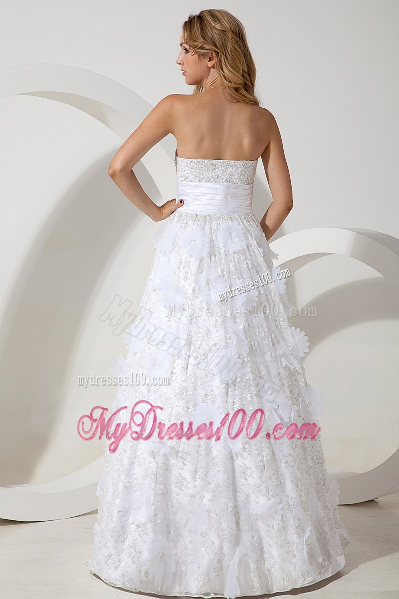Beautiful Floor Length Flower Decoration Lace White Bridal Dress