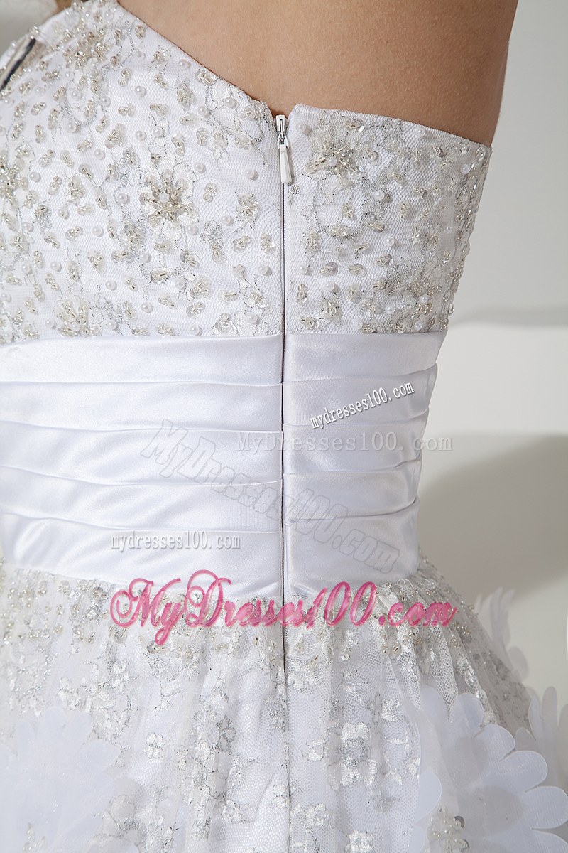 Beautiful Floor Length Flower Decoration Lace White Bridal Dress