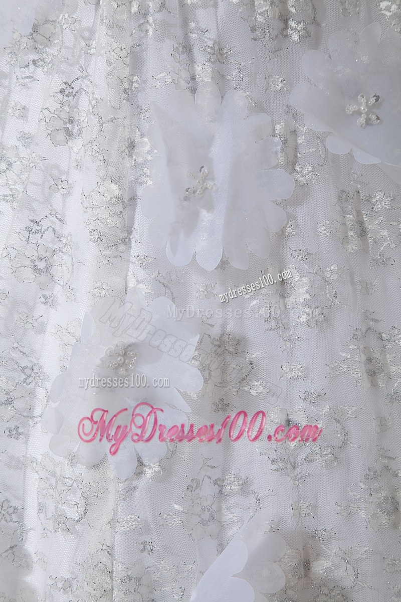 Beautiful Floor Length Flower Decoration Lace White Bridal Dress