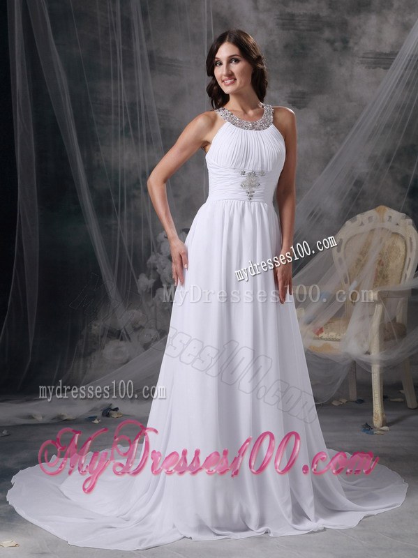 Scoop and Jeweled Neck for Court Train Bridal Gown with Beading and Ruche