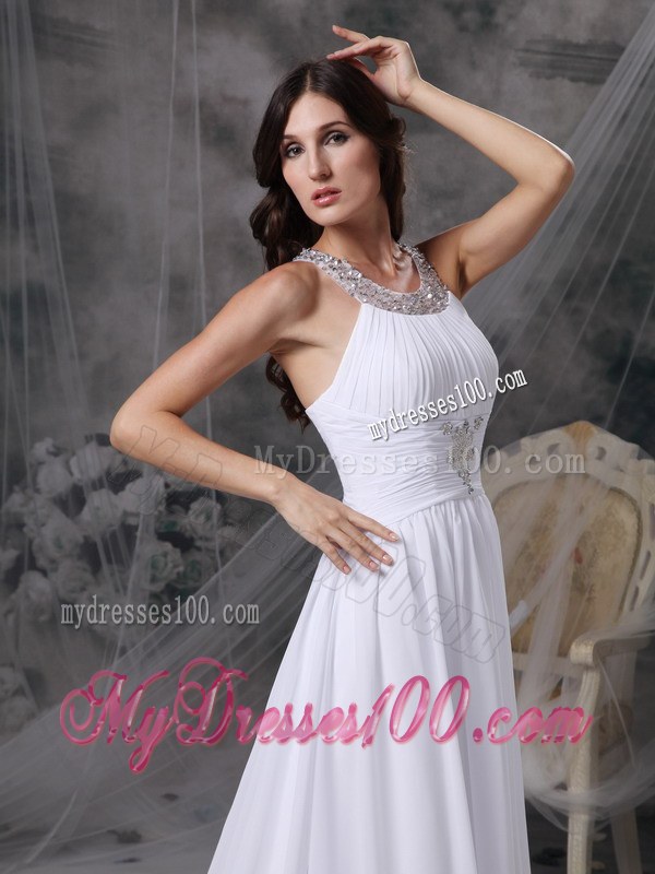 Scoop and Jeweled Neck for Court Train Bridal Gown with Beading and Ruche