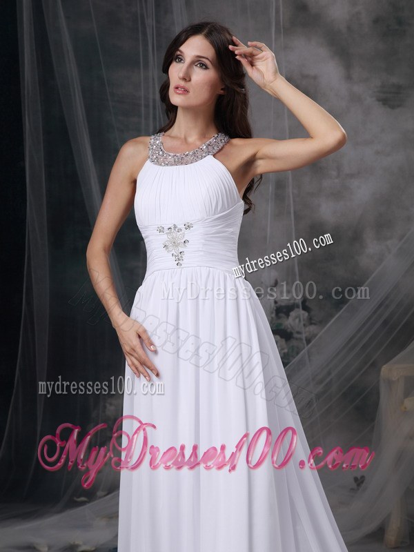 Scoop and Jeweled Neck for Court Train Bridal Gown with Beading and Ruche