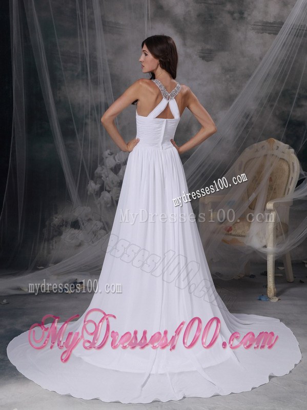 Scoop and Jeweled Neck for Court Train Bridal Gown with Beading and Ruche