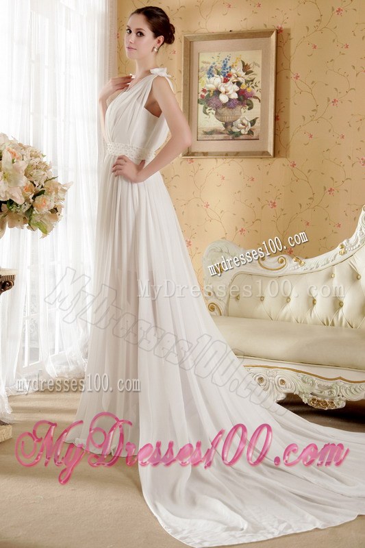 Extravagant Watteau Train V-neck White Wedding Dress Strapless