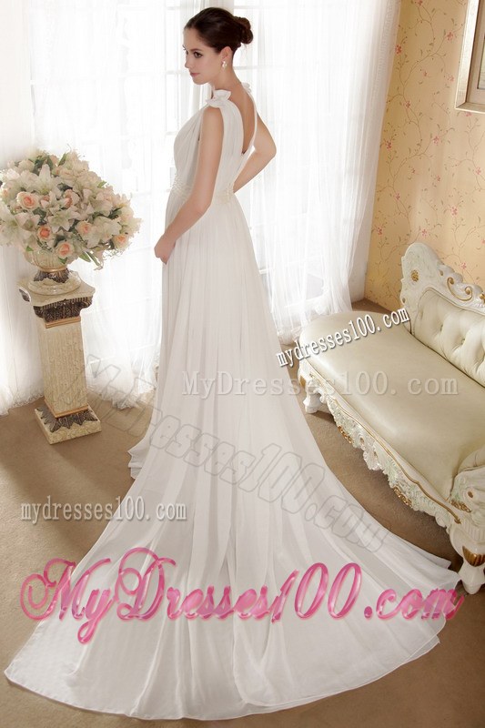 Extravagant Watteau Train V-neck White Wedding Dress Strapless