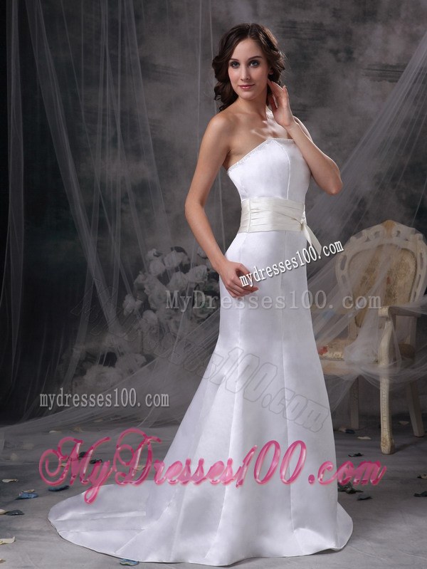 High-class Custom Made Ribbon Court Train Fitted White Wedding Dresses