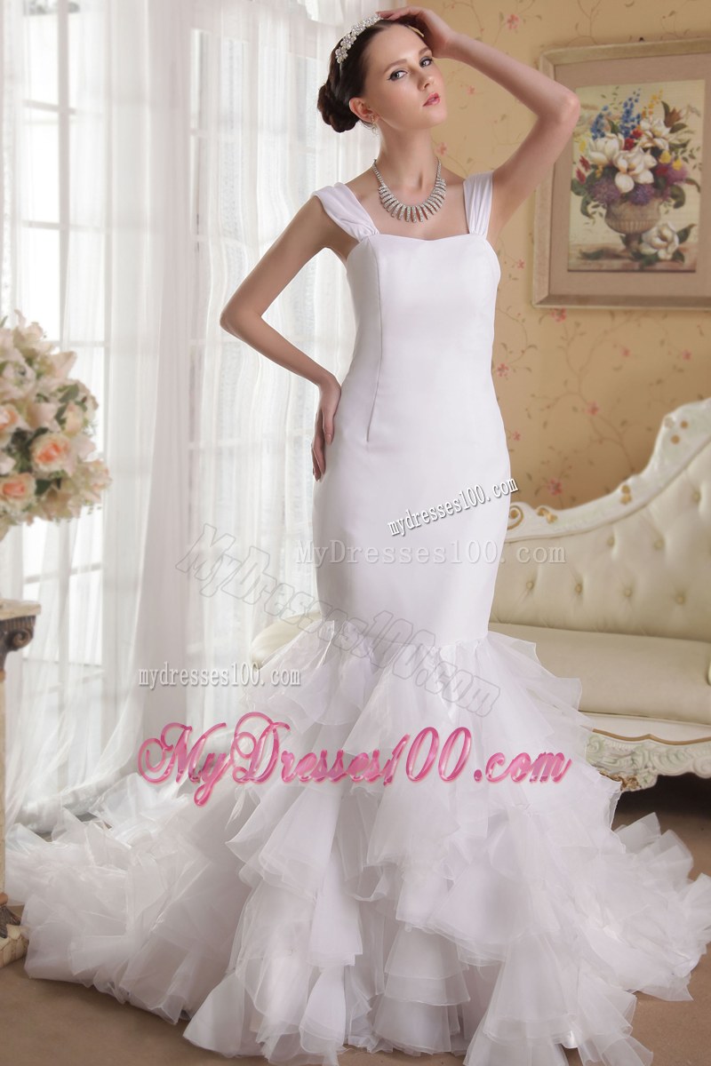 Straps Square Neckline Ruffles Chapel Train White Wedding Dress