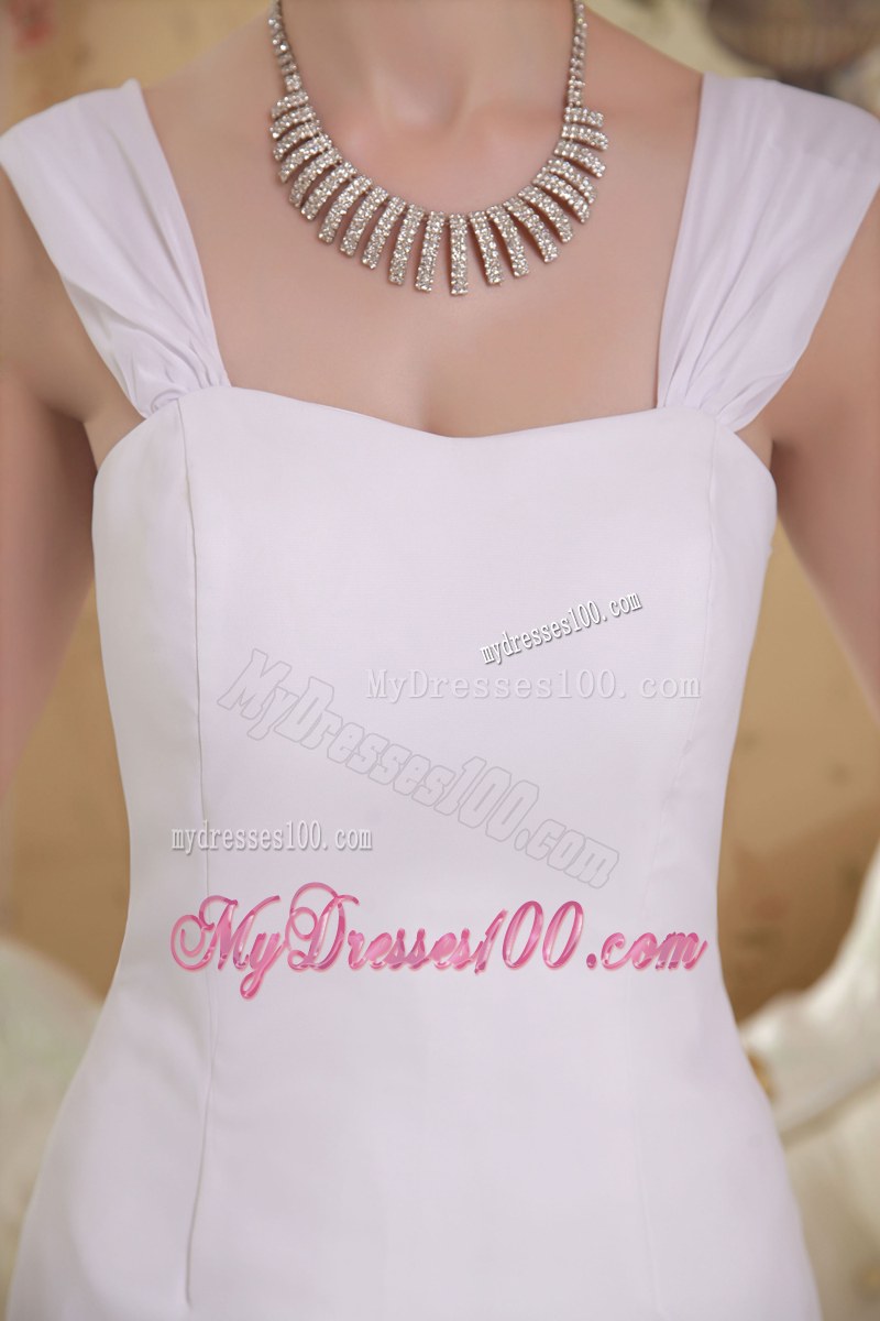 Straps Square Neckline Ruffles Chapel Train White Wedding Dress