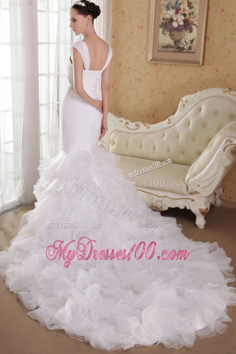 Straps Square Neckline Ruffles Chapel Train White Wedding Dress