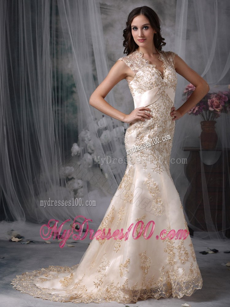 Impressive Champagne V-neck Appliques Wedding Dress with Cutout Back