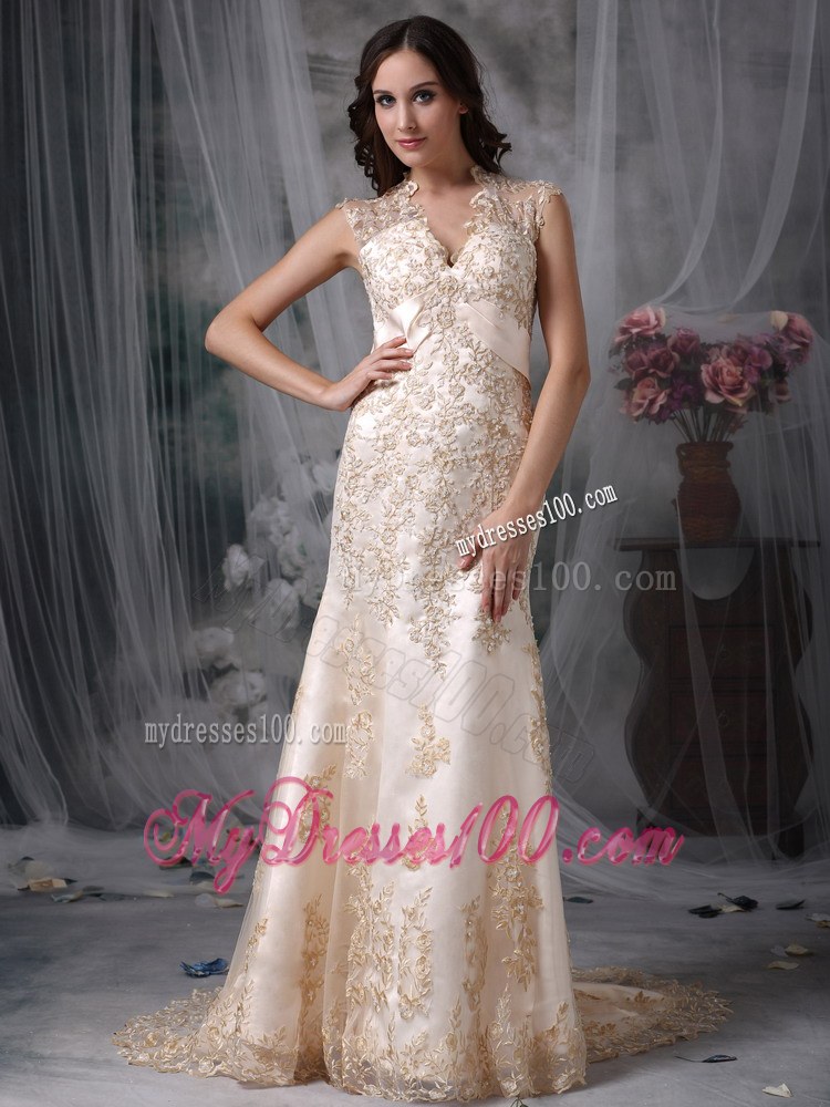 Impressive Champagne V-neck Appliques Wedding Dress with Cutout Back