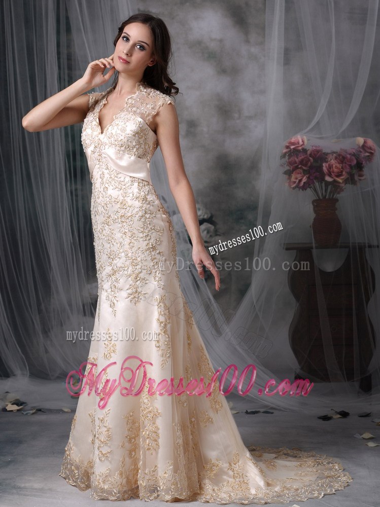 Impressive Champagne V-neck Appliques Wedding Dress with Cutout Back