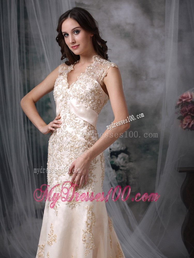Impressive Champagne V-neck Appliques Wedding Dress with Cutout Back
