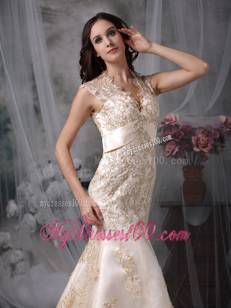 Impressive Champagne V-neck Appliques Wedding Dress with Cutout Back