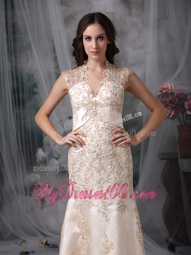 Impressive Champagne V-neck Appliques Wedding Dress with Cutout Back