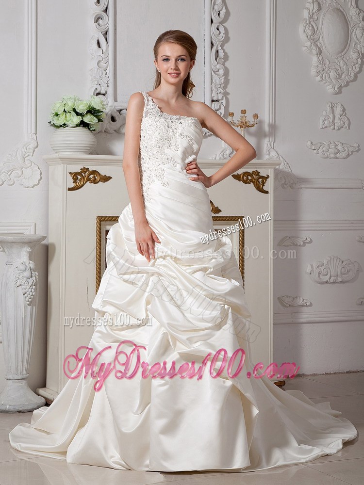 One Shoulder Court Train Taffeta Wedding Dress with Appliques and Pick-ups