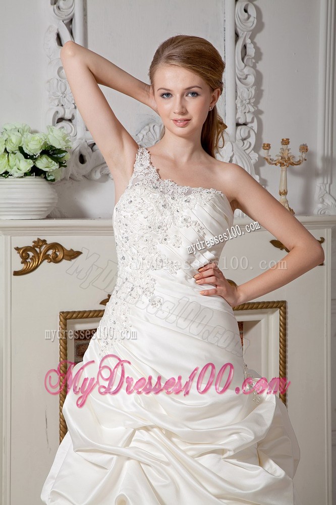 One Shoulder Court Train Taffeta Wedding Dress with Appliques and Pick-ups