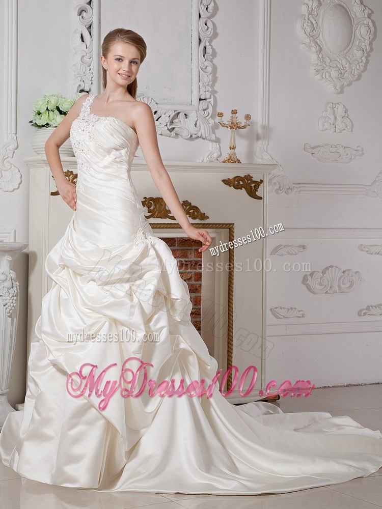 One Shoulder Court Train Taffeta Wedding Dress with Appliques and Pick-ups