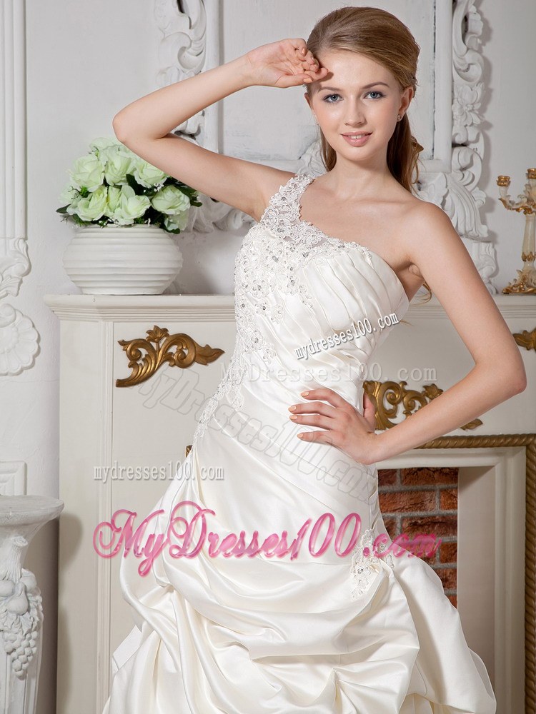 One Shoulder Court Train Taffeta Wedding Dress with Appliques and Pick-ups